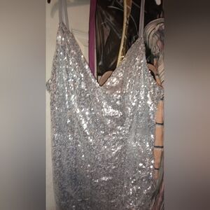 No Brand Silver Sequin Spaghetti Strap Layered Gathered  Front Left Side Dress
